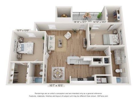 Floor plan for 2 beds, 2 baths, 908 sqft